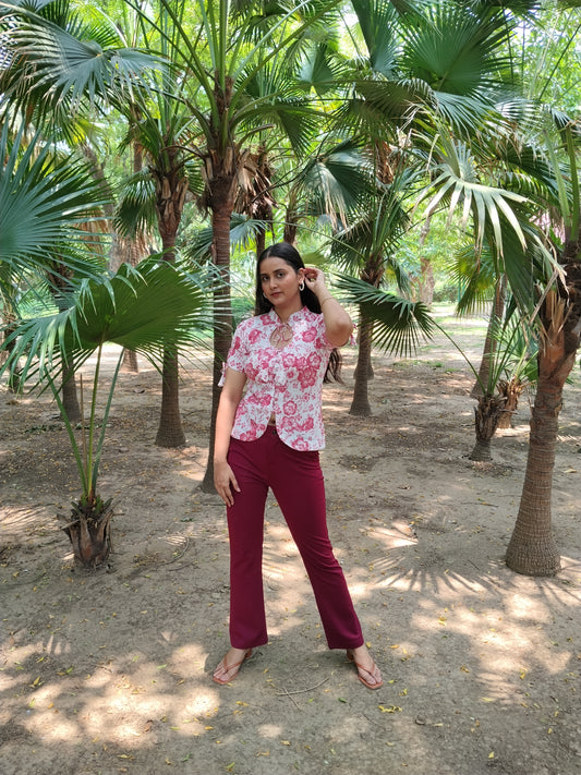 Madhubala Collar Top| Pink & White Puff Sleeve