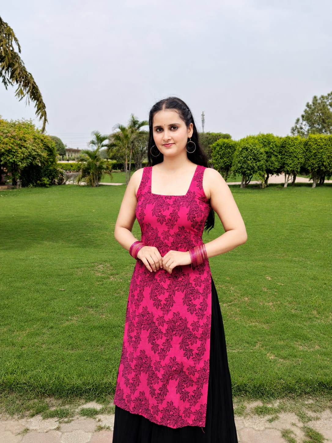 Pink Floral Sleeveless Kurti